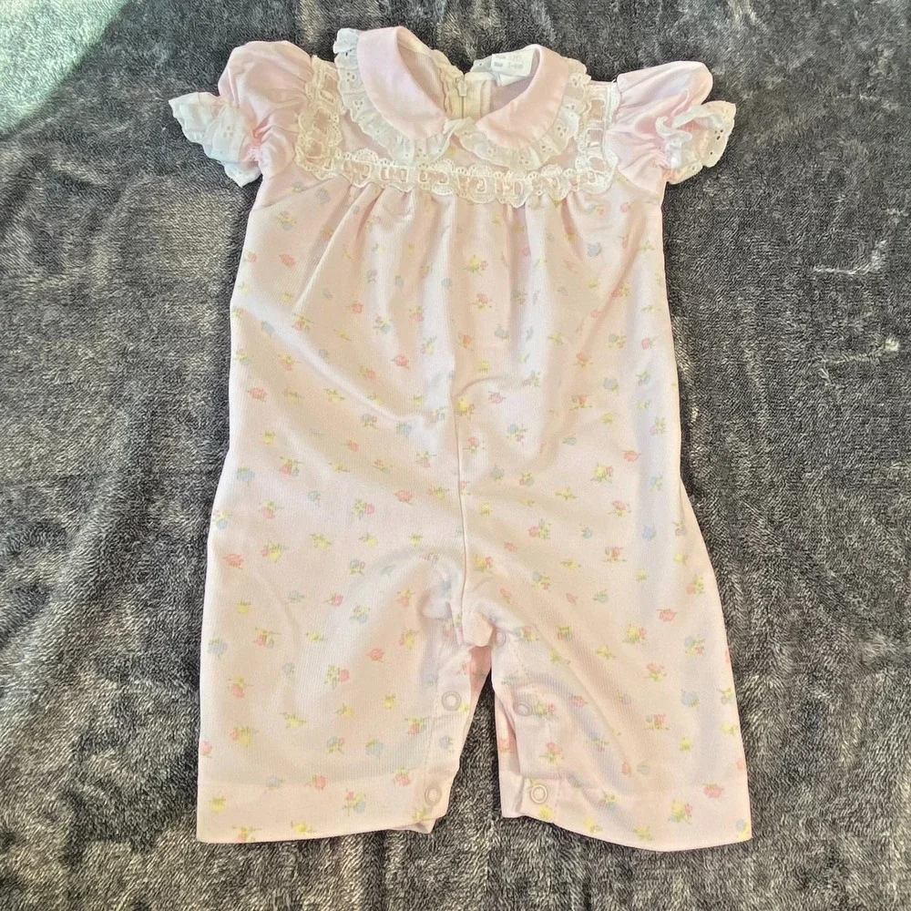 VTG 80s Bryan Baby Girl 3-6mo‎ Pink Floral One Piece Romper Lace Eyelet Trim USA